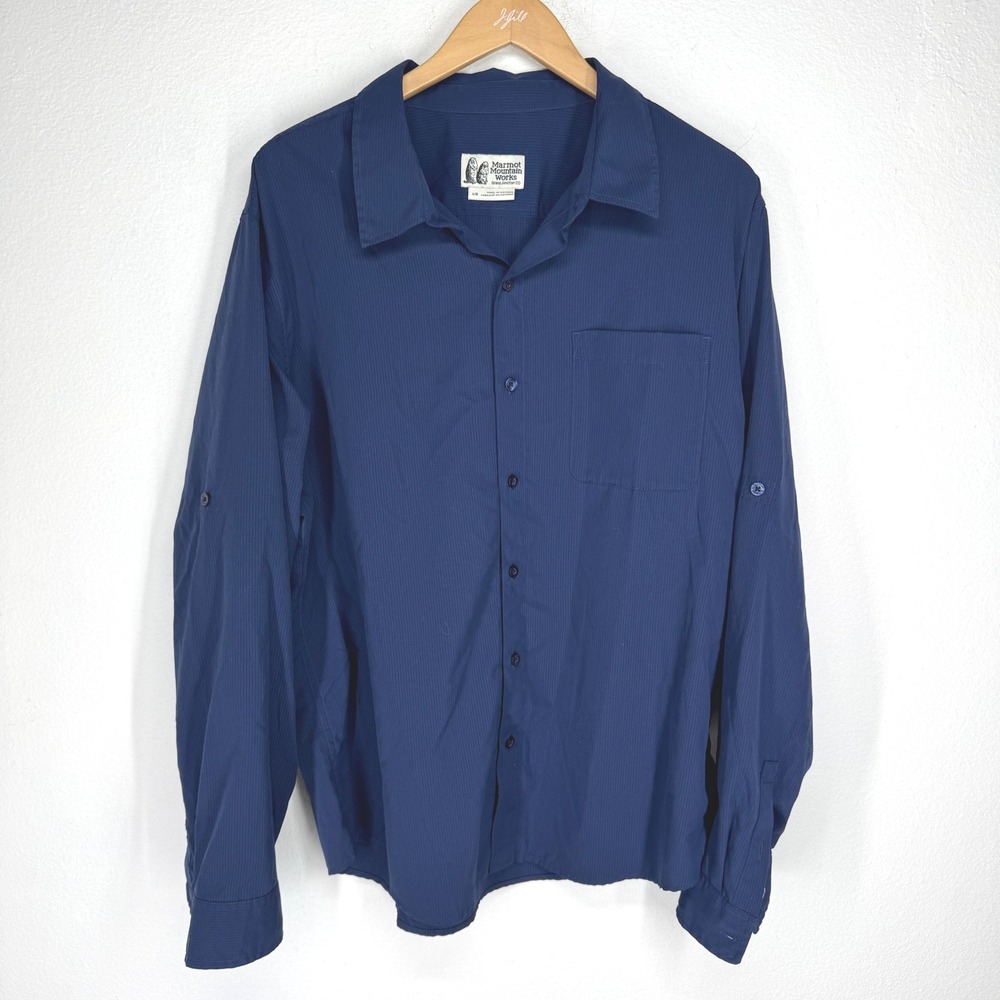 Marmot Mountain Works Vintage Mens Blue Roll Tab Long Sleeve Ripstop Shirt Large